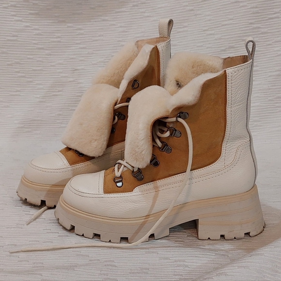 Beautiisoles Lace Up Platform Tan & Cream Fur Lined  Boots Size 9 - Picture 4 of 13